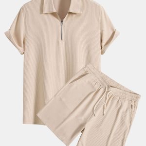 Gebreide polo met geribde ritssluiting en korte broek