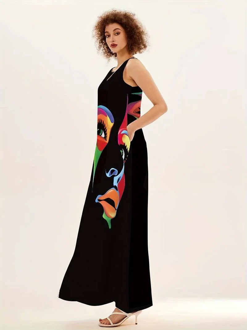 Maxi-jurk met abstracte gezichtsbedrukking - Afbeelding 4