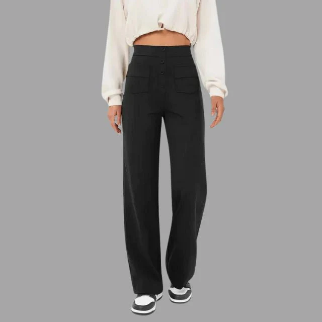 Uitlopende broek met hoge taille en opgezette zakken - Afbeelding 2