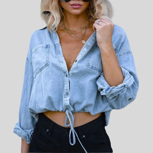 Denim blouse met stropdas aan de voorkant - Afbeelding 8