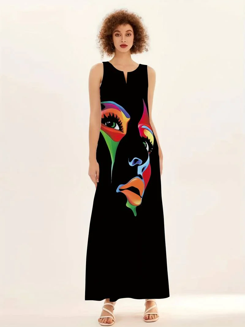 Maxi-jurk met abstracte gezichtsbedrukking - Afbeelding 2